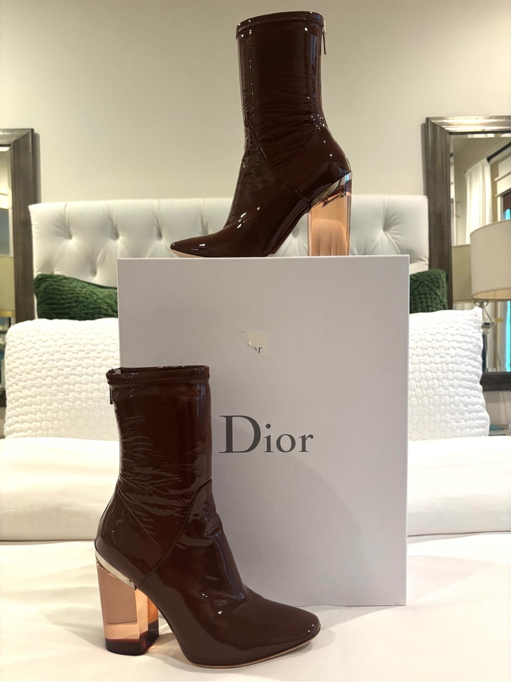 Christian Dior Raf Simons Runway Crystal Brown Patent Leather Boots 38 1/2